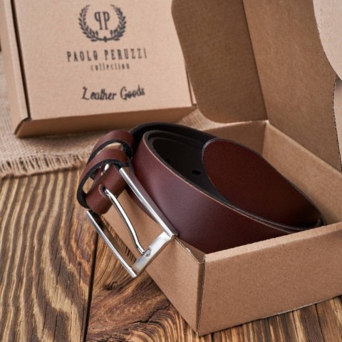Pasek męski skórzany brązowy 110 cm ze srebrną klamrą Paolo Peruzzi PG-03-BRS-110
