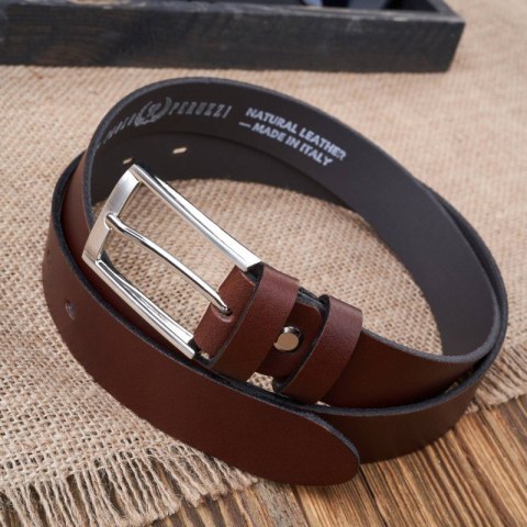 Pasek męski skórzany brązowy 110 cm ze srebrną klamrą Paolo Peruzzi PG-03-BRS-110