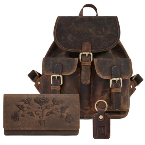 Zestaw prezentowy dla niej ZUP-101-BR plecak skórzany T-16-BR portfel damski skórzany T-05-BR brelok do kluczy T-86-HBR