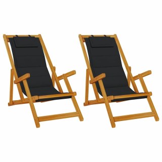 Zestaw składanych krzeseł plażowych , 2 sztuki, czarne, z litego drewna akacjowego i tkaniny tekstylene. Lumarko!