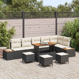 Zestaw Sofy Ogrodowej 10 Części z Poduszkami od , czarny rattan i akacja w kremowym poliesterze. Lumarko!