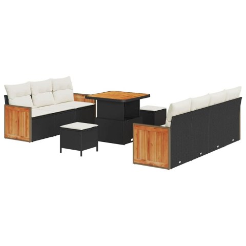 10-częściowy zestaw ogrodowy z poduszkami, czarny rattan, drewno akacjowe Lumarko!