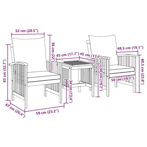 Zestaw wypoczynkowy do ogrodu 3-częściowy z poduszkami z litego drewna akacjowego Lumarko!