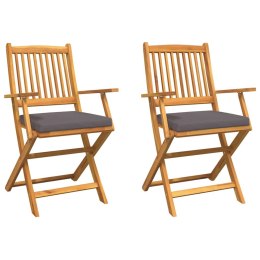 Składane krzesła ogrodowe , dwa sztuki z szarymi poduszkami z mocnego drewna akacjowego. Lumarko!