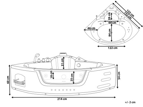 Wanna narożna z hydromasażem LED MARTINICA 214 x 155 cm Czarny
