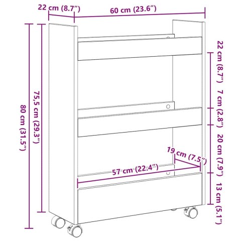 Wąski wózek do przechowywania 3 półki Czarny dąb z drewna kompozytowego Lumarko!
