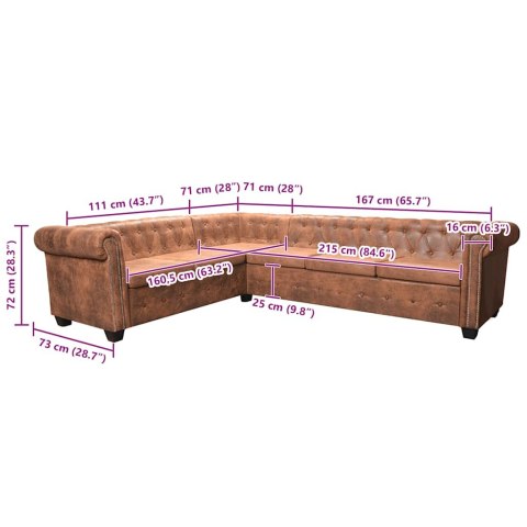 Sofa rogowa Chesterfield sześcioosobowa brązowa, sztuczna skóra