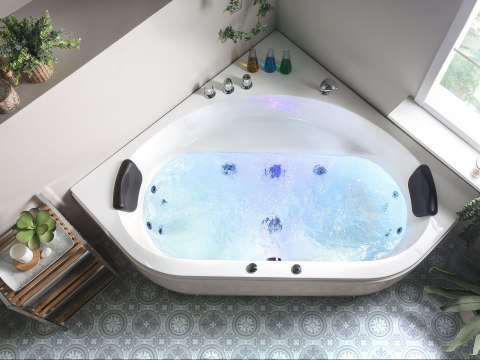 Wanna narożna z hydromasażem LED MEVES 140 x 140 cm Biały
