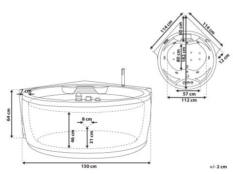 Wanna narożna z hydromasażem LED MILANO Wbudowany głośnik Bluetooth 181 x 150 cm Biały