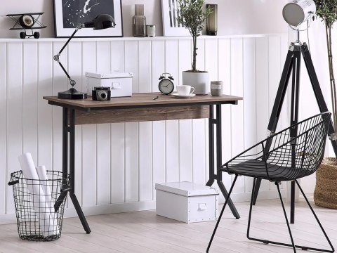  Biurko 115 X 60 Cm Ciemne Drewno Z Czarnym Futon