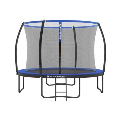 Trampolina Ø 305 cm, okrągła trampolina ogrodowa z siatką zabezpieczającą, z drabinką i wyściełanymi drążkami, osłona zabezpiecz