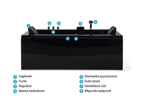Wanna narożna z hydromasażem LED VARADERO Prawostronny 183 x 90 cm Czarny