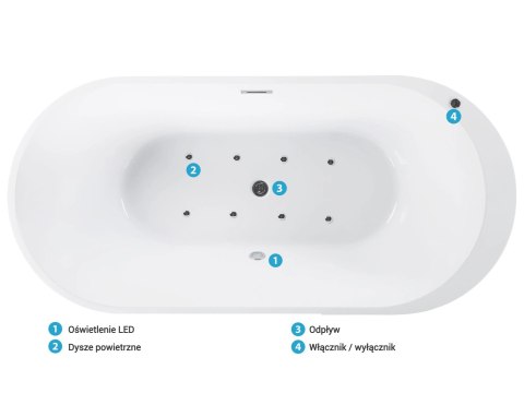 Wanna wolnostojąca LED z hydromasażem 170 x 80 cm biała NEVIS