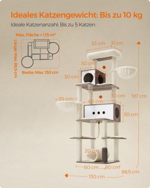 Drapak dla kota z 2 jaskiniami i 2 leżakami szary 197 cm