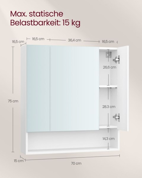 Szafka łazienkowa z lustrem i regulowanymi półkami biała 16,5 x 70 x 75 cm