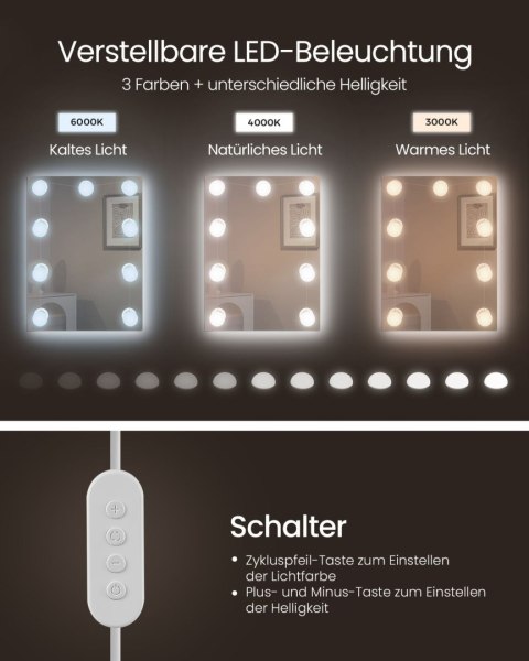 Toaletka z oświetleniem 9 LED, 3 regulowanymi kolorami światła, toaletka z lustrem, regulowane półki, 2 szuflady, stolik kosmety