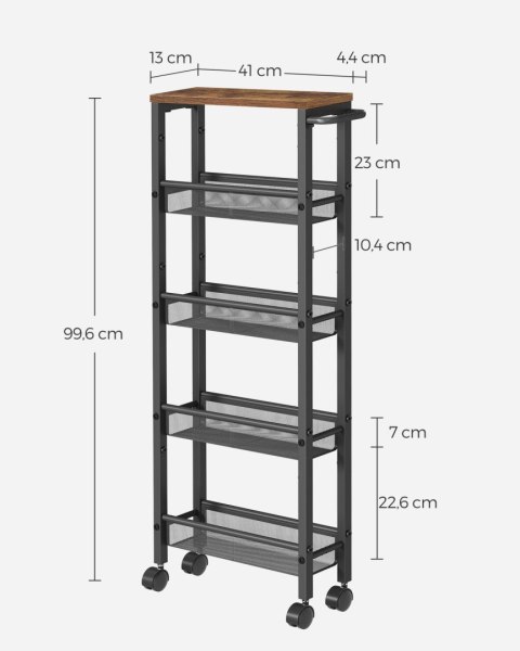 5-poziomowy wózek kuchenny Wąska półka niszowa na kółkach Stalowy uchwyt Małe przestrzenie 13 x 45,4 x 99,6 cm Kuchnia Łazienka