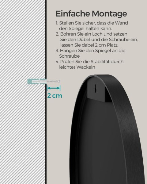 Lustro ścienne, lustro okrągłe, średnica 40,7 cm, lustro łazienkowe, metalowa rama, łatwy montaż, nowoczesne, do łazienki, salon