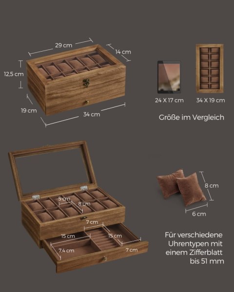 Pudełko na zegarek z 8 przegródkami, pudełko na zegarek z litego drewna ze szklaną pokrywką, poduszka na zegarek, przechowywanie