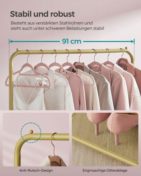 Wieszak na ubrania na kółkach z półką złoty o szerokości 91 cm