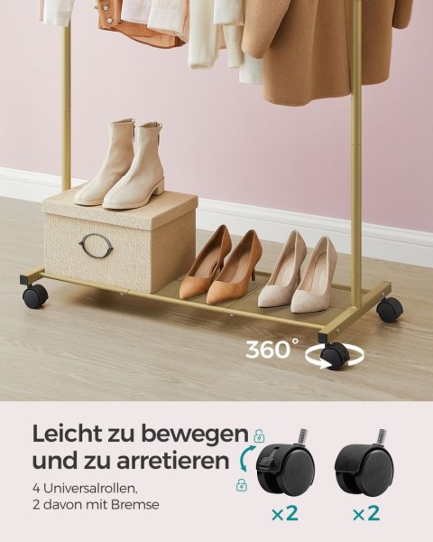 Wieszak na ubrania na kółkach z półką złoty o szerokości 91 cm