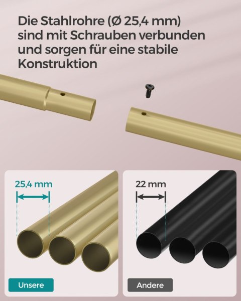 Wieszak na ubrania na kółkach z półką złoty o szerokości 91 cm