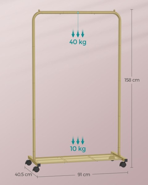 Wieszak na ubrania na kółkach z półką złoty o szerokości 91 cm
