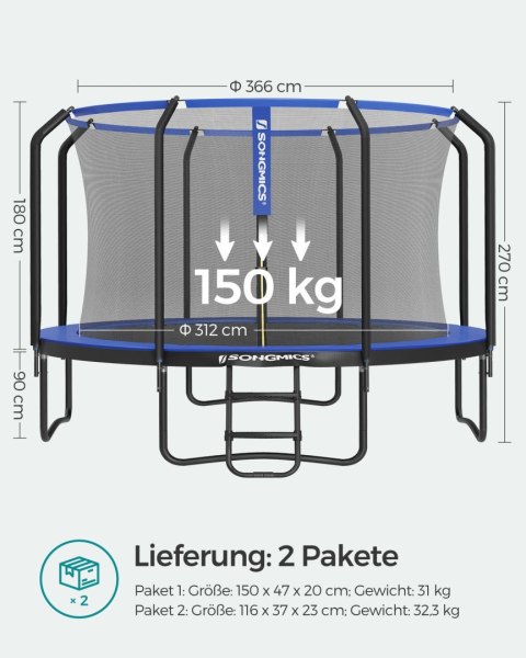 Trampolina 366 cm okrągła trampolina ogrodowa z siatką zabezpieczającą i wyściełaną ramą drabiny dla dzieci i dorosłych Wewnętrz
