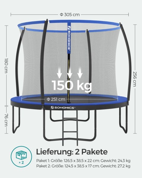Trampolina Ø 305 cm, okrągła trampolina ogrodowa z siatką zabezpieczającą, z drabinką i wyściełanymi drążkami, osłona zabezpiecz