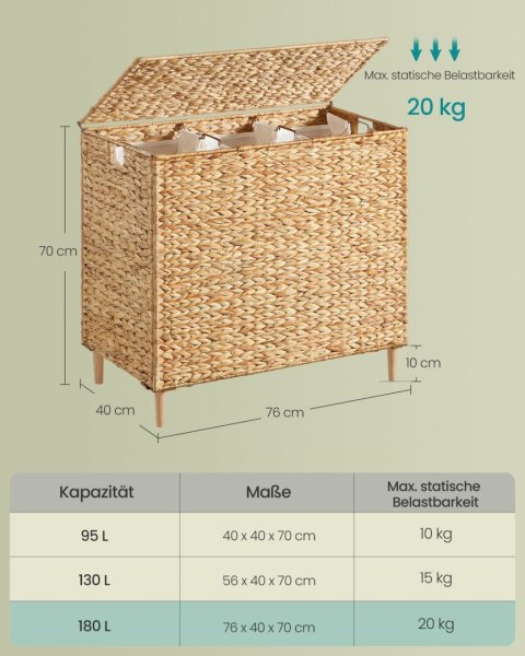Kosz na pranie 3-komorowy 180 l, sorter z hiacyntu wodnego, naturalny