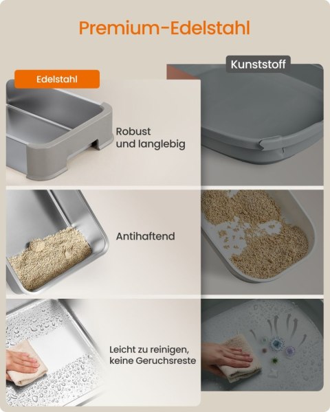 Kuweta dla kota ze stali nierdzewnej, toaleta dla kota z szufladą, łopatką, szczotką, 2 wejścia, dla kotów do 15 kg, jasnoszary-