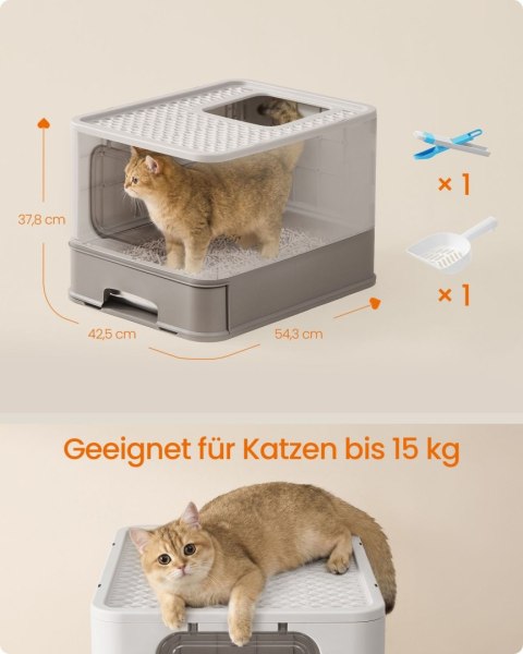 Kuweta dla kota ze stali nierdzewnej, toaleta dla kota z szufladą, łopatką, szczotką, 2 wejścia, dla kotów do 15 kg, jasnoszary-