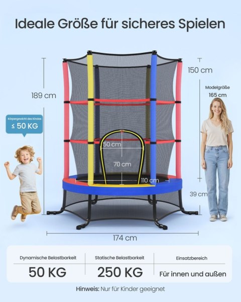 Trampolina dla dzieci z siatką bezpieczeństwa 174 cm wielokolorowa
