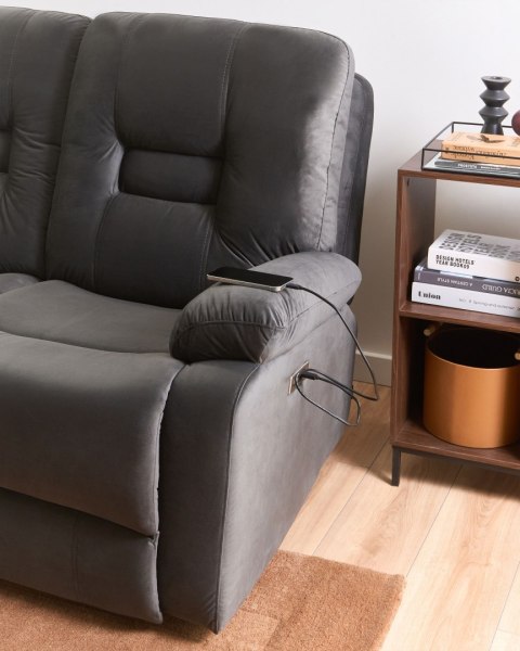 Sofa z elektryczną funkcją relaksu dla 3 osób BERGEN Welur Ciemnoszary