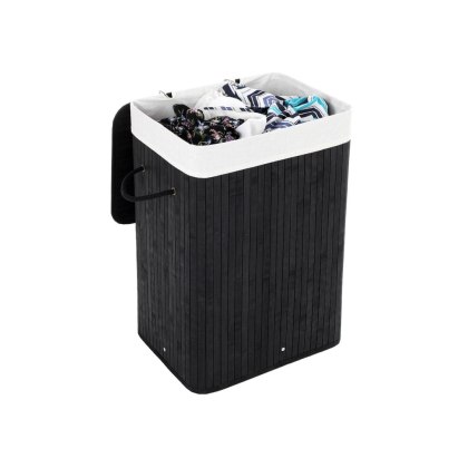 Bambusowy kosz na bieliznę z wyjmowanym workiem na pranie, Czarny, 40x60x30 cm