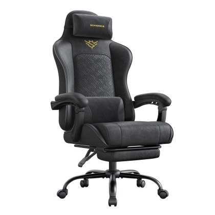Ergonomiczne krzesło gamingowe z podnóżkiem i podłokietnikami, czarny