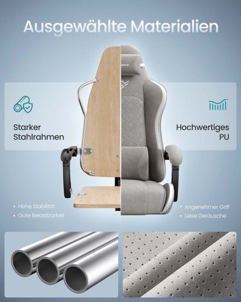 Ergonomiczne krzesło gamingowe z podnóżkiem i podłokietnikami, retro szary