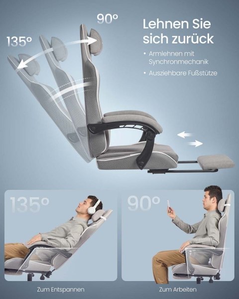 Ergonomiczne krzesło gamingowe z podnóżkiem i podłokietnikami, retro szary