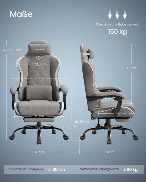 Ergonomiczne krzesło gamingowe z podnóżkiem i podłokietnikami, retro szary