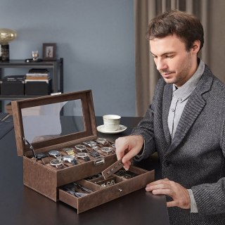 Pudełko na zegarek z 2 poziomami, Pu + pokrycie w kolorze brązowym + podszewka w kol