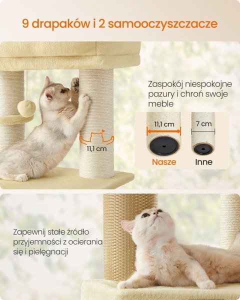 Drapak z samonagrzewającymi się kocami dla dużych kotów, drapak dla kota, 2 szczotki dla kota, 9 kufrów o grubości 11,1 cm, duże