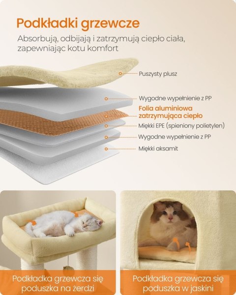Drapak z samonagrzewającymi się kocami dla dużych kotów, drapak dla kota, 2 szczotki dla kota, 9 kufrów o grubości 11,1 cm, duże