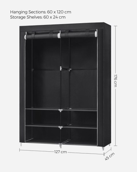 Szafka materiałowa , szafa, 45 x 127 x 176 cm, 2 półki na wieszaki, z półkami, 4 kieszenie boczne, dużo miejsca, do sypialni, sa