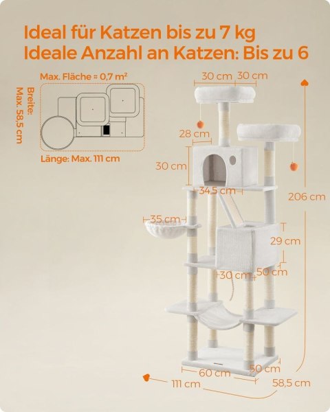 Drapak dla kota XL 206 cm, Kremowo biały