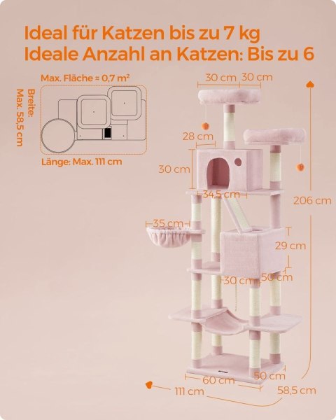 Drapak dla kota XL 206 cm, Pastelowy róż