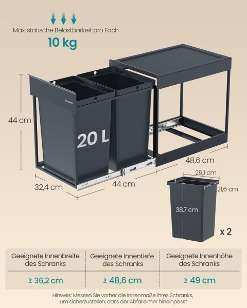 Kosz podblatowy 2 x 20 l czarny, ciemnoszary niebieski