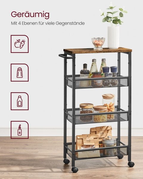 Wózek 4 poziomy, wąski wózek kuchenny, niszowa półka na kółkach, stal, uchwyt, do małych pomieszczeń, 22 x 45,5 x 77 cm, kuchnia