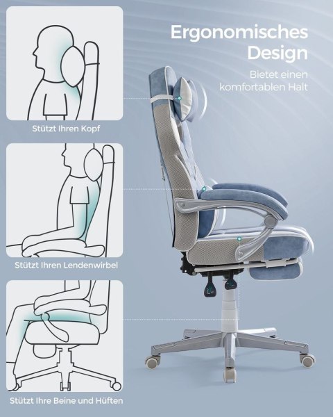 Krzesło do gier , krzesło biurowe z podnóżkiem, krzesło biurowe z zagłówkiem i poduszką lędźwiową, z regulacją wysokości, ergono