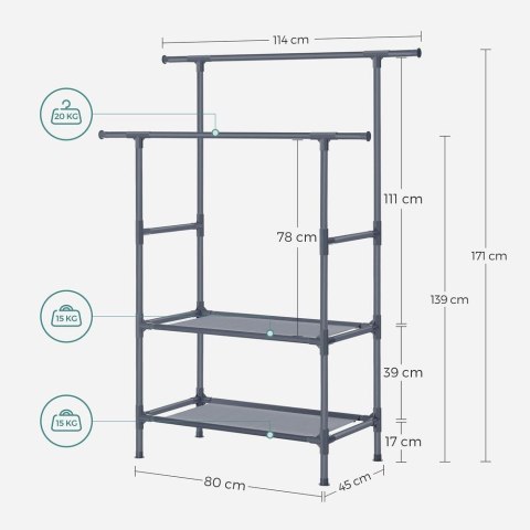 Wieszak na ubrania , wieszak wykonany z metalu, z 2 drążkami na ubrania, 2 półkami, udźwig do 70 kg, łatwy w montażu