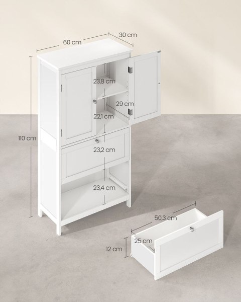 Szafka łazienkowa 30 x 60 x 110 cm z 2 drzwiami i 2 szufladami, Klasyczna biel, 2 drzwi + 2 szuflady